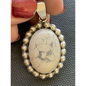Mexico 925 Sterling Silver White Buffalo Turquoise Oval Pendant Vintage